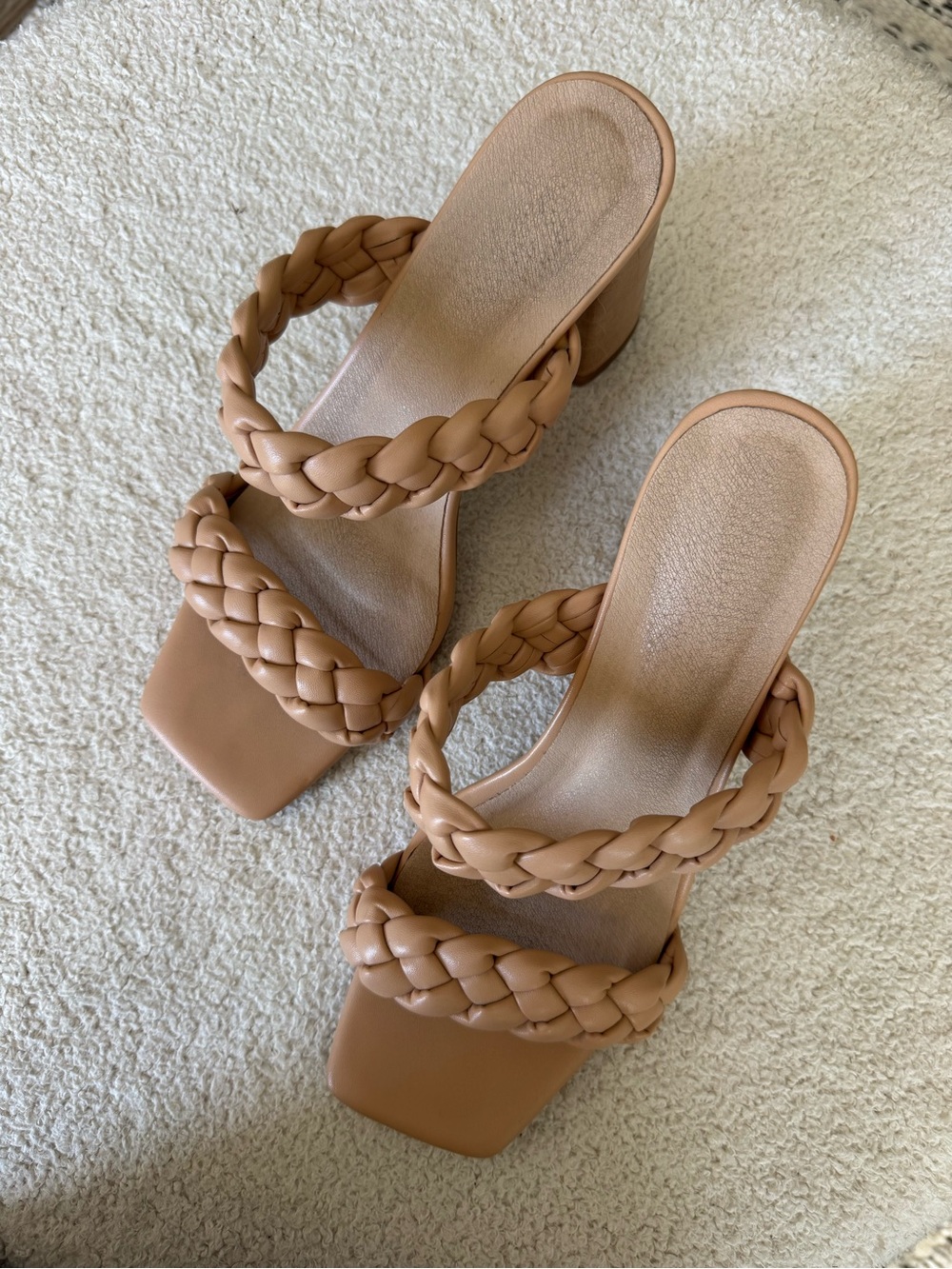 Braided Strap Tan Block-Heel Sandals - Women